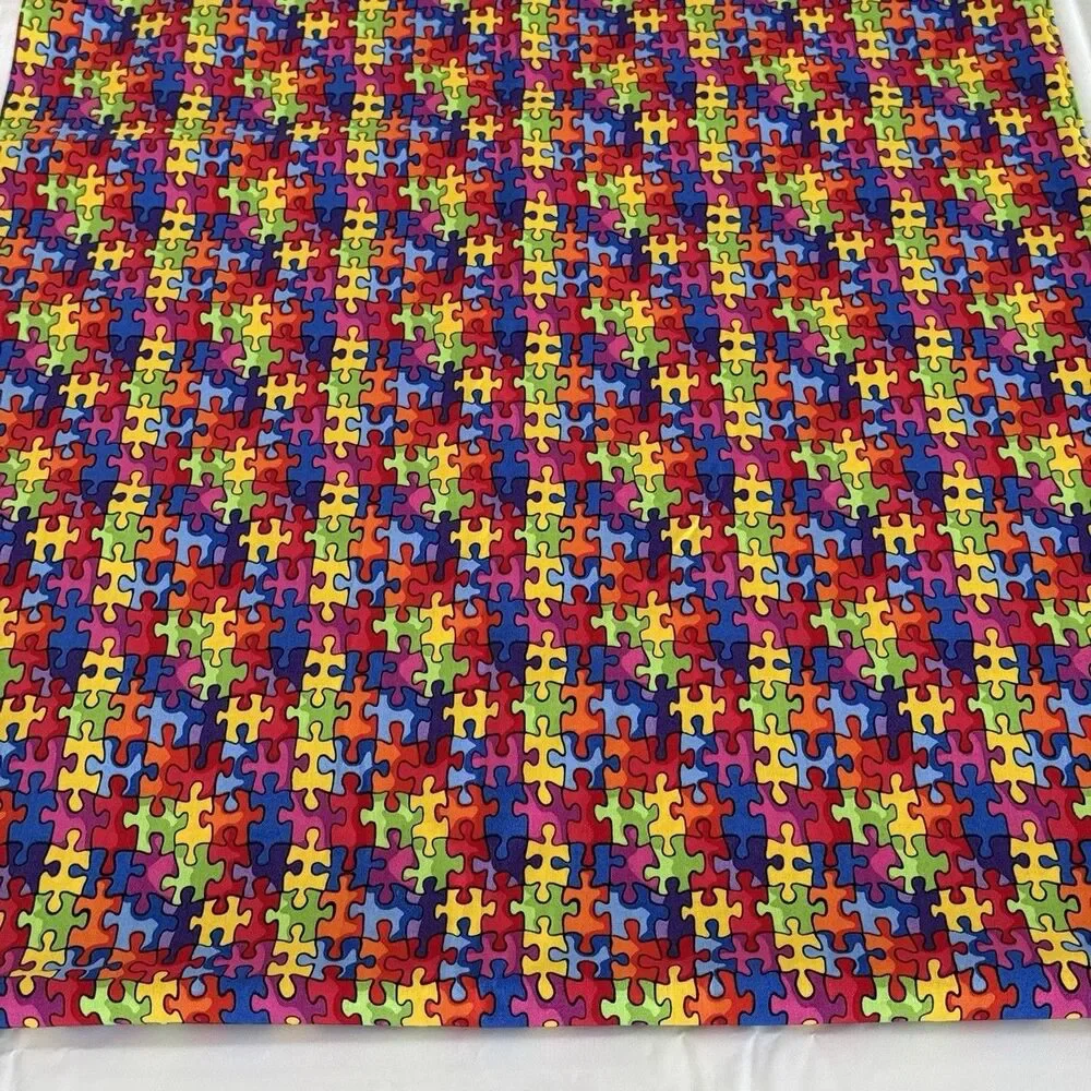 Jigsaw Puzzle Quilt Fabric AUTISM AWARENESS Cotton Print BTY Rainbow Sew 19596